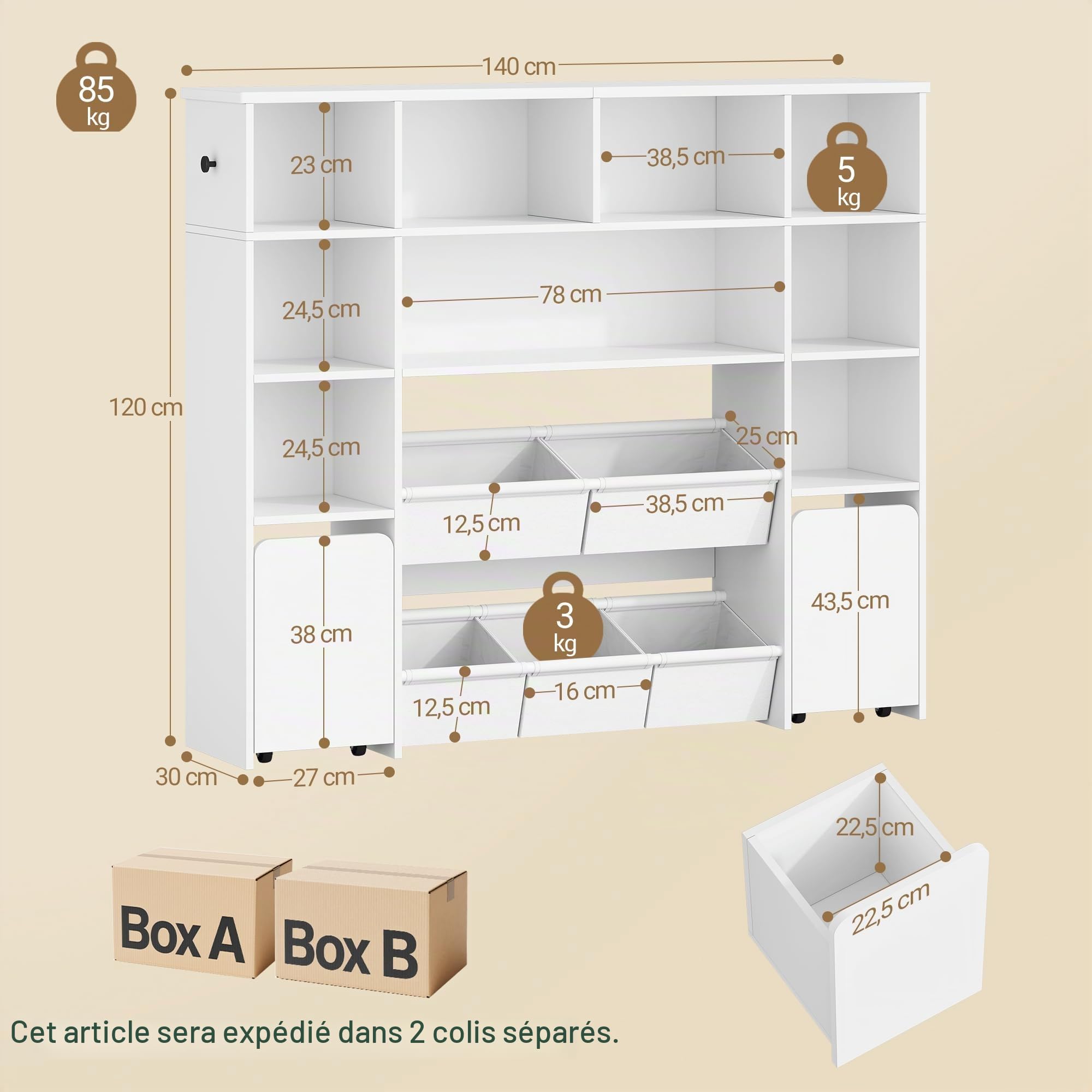 Hzuaneri Bibliothèque Enfant avec 2 Coffre de Rangement à roulettes, Meuble Rangement Enfant à 4 Niveaux, Étagère à Jouets, étagère pour Chambre d'enfant, Bureau Blanc, 30 x 140 x 120 cm KB75203W