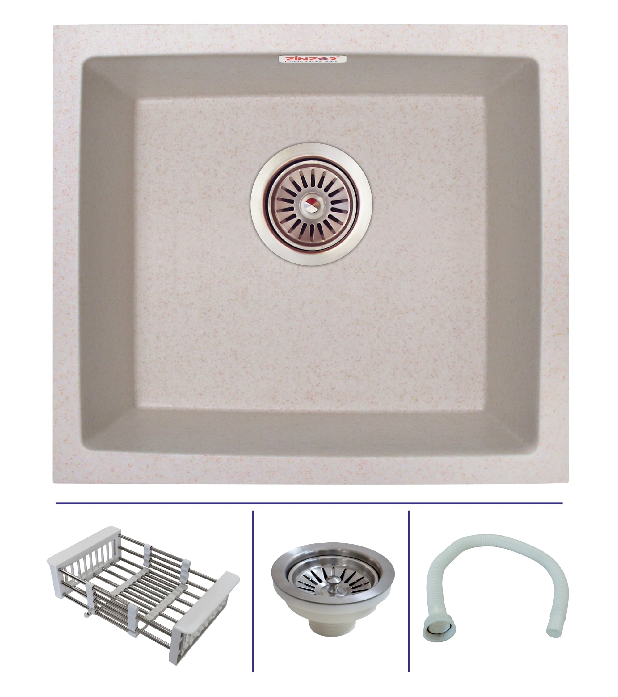 ZINZERZinzer Quartz Sink for Kitchen in Metallic finish | German Engineerd Single Bowl Granite sinks | Kitchen Sink with Drain Coupling, Hose Pipe and Drainer Basket (Granular Ivory - 18x16 Inches)