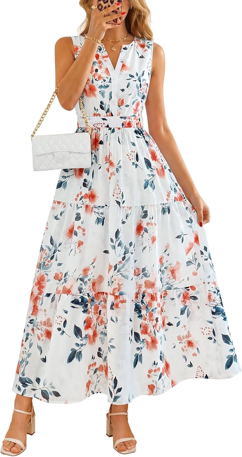 ZESICA Women's Summer Boho Floral Sleeveless Midi Dress 2026 V Neck Elastic High Waist Flowy Casual Beach Long Dresses