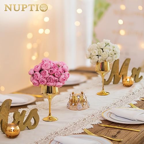 Miniatura 4 de NUPTIO Jarrones pequeños de vidrio con flores 2 juegos de jarrones dorados de 8.3 pulgadas con flores artificiales de color rojo rosa para centros