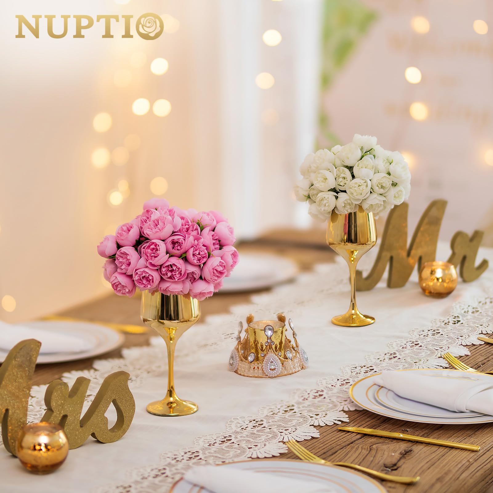 NUPTIO Piccolo Vaso di Vetro con Fiori: 2 Set 21cm Vasi D'oro con Fiori Artificiali Bianchi per Centrotavola Matrimonio, Finta Peonia Composizione Bouquet per Festa Compleanno Decorazioni per Casa