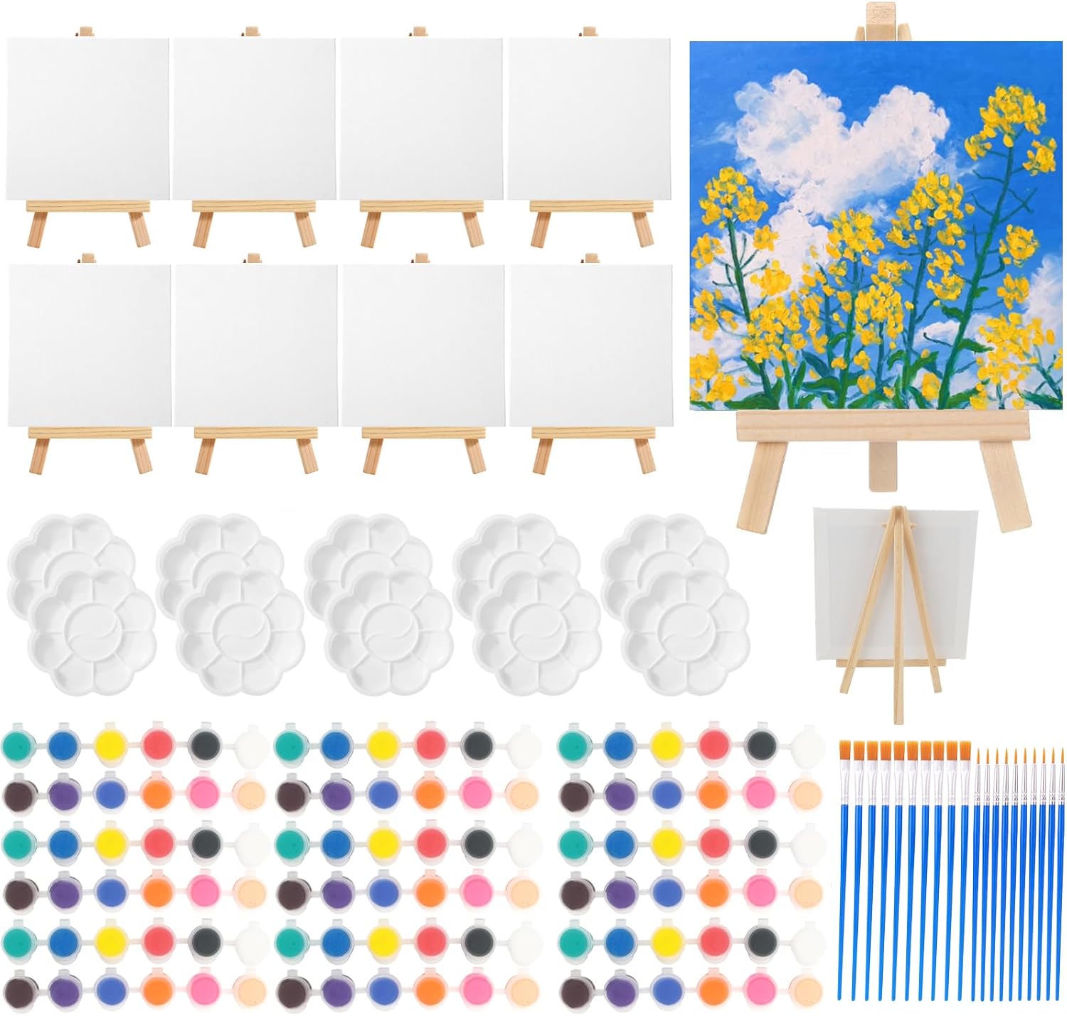 Sigowal 10 Set Canvas Painting Kit, 6 x 6 Inch Canvas Boards for Painting with Easel, Acrylic Paint Strips, Brushes, Palette, Mini Canvas and Easel Set for Kids Adults Beginner Gift Party