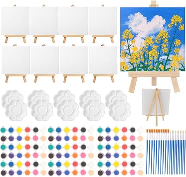 Sigowal 10 Set Canvas Painting Kit, 6 x 6 Inch Canvas Boards for Painting | with Acrylic Paint Strips, Brushes, Palette - Mini Canvas and Easel Set for Kids Adults Beginner Gift Party