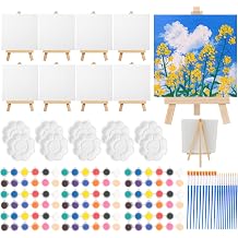 Sigowal 10 Set Canvas Painting Kit, 6 x 6 Inch Canvas Boards for Painting with Easel, Acrylic Paint Strips, Brushes, Palette, Mini Canvas and Easel Set for Kids Adults Beginner Gift Party