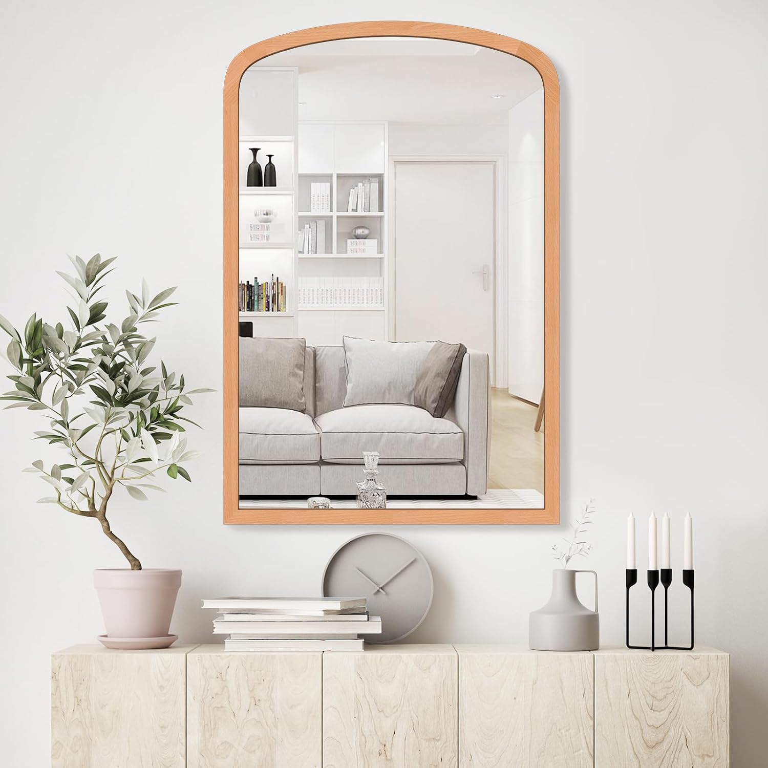 Wood Arched Bathroom Mirror for Wall 24" x 36" Vintage Vanity Mirror for Wall Decor Entryway, Living Room