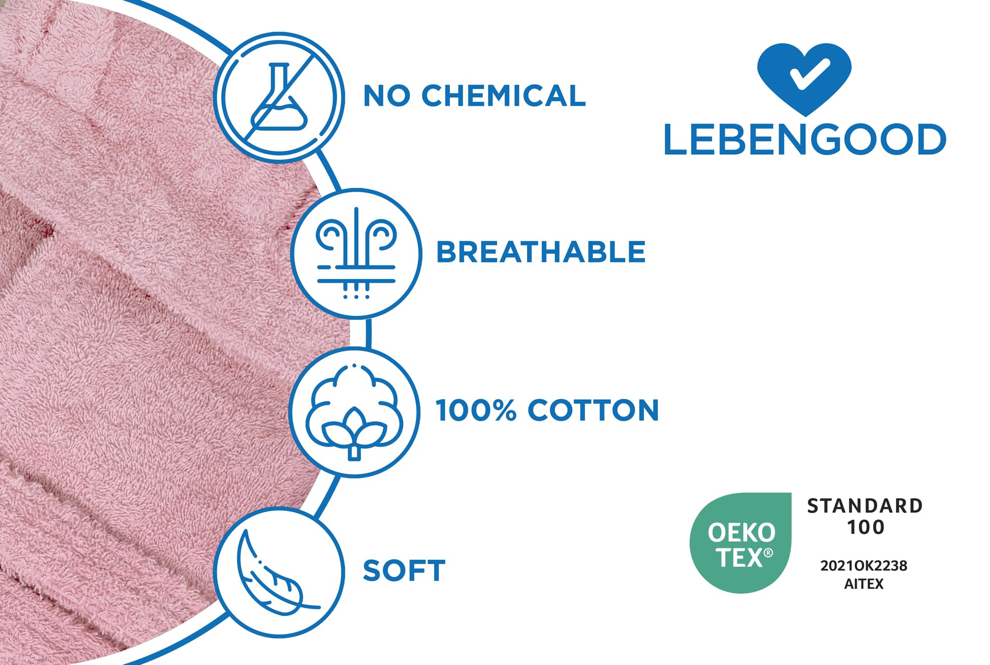 LEBENGOOD Szlafrok dziecięcy z uszami - unisex, 100% bawełna OEKO-TEX®, kieszenie, pasek, kaptur