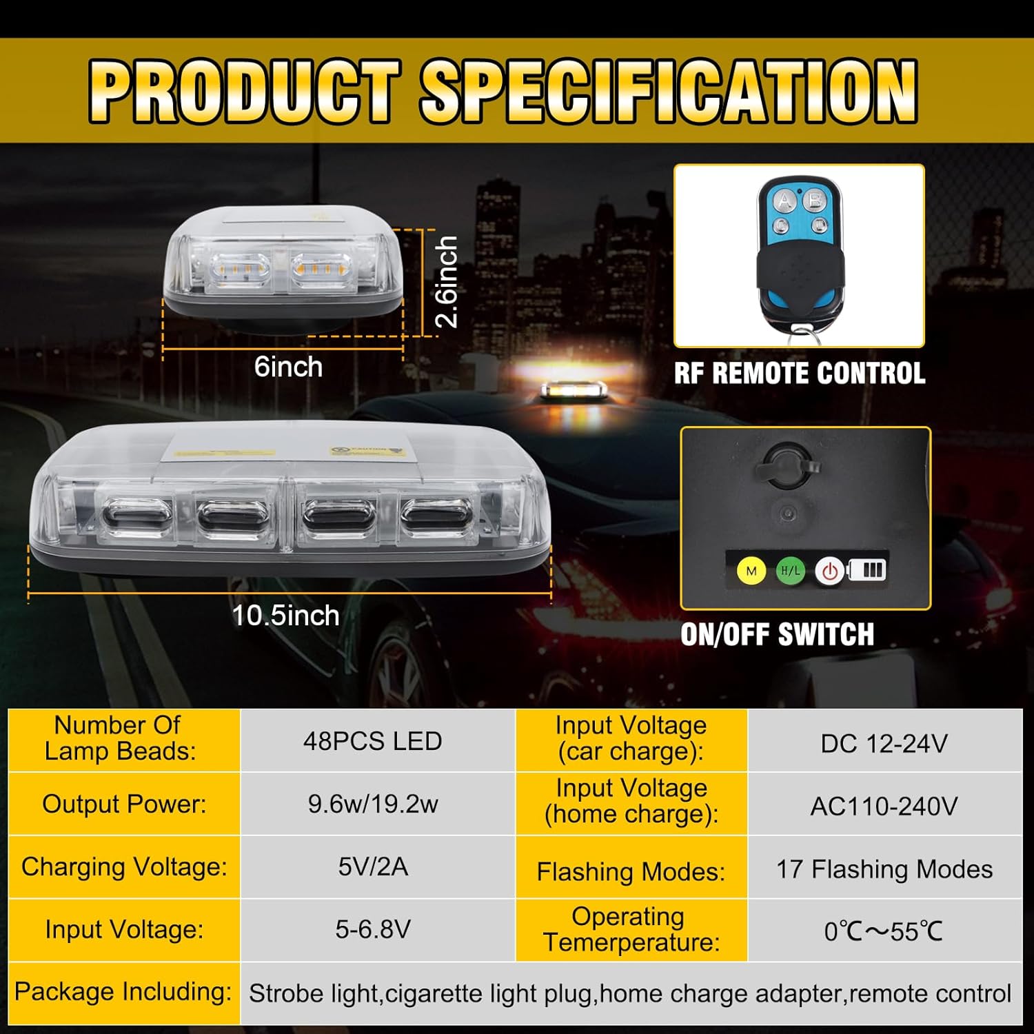 TIPHOPE Wireless Rechargeable LED Rooftop Beacon Strobe Lights,48LED 17 Flashing Modes,Hi/Lo Brightness,Amber White Emergency Hazard Warning Light with Home/Car Charger for Trucks Vehicles-1 Pack