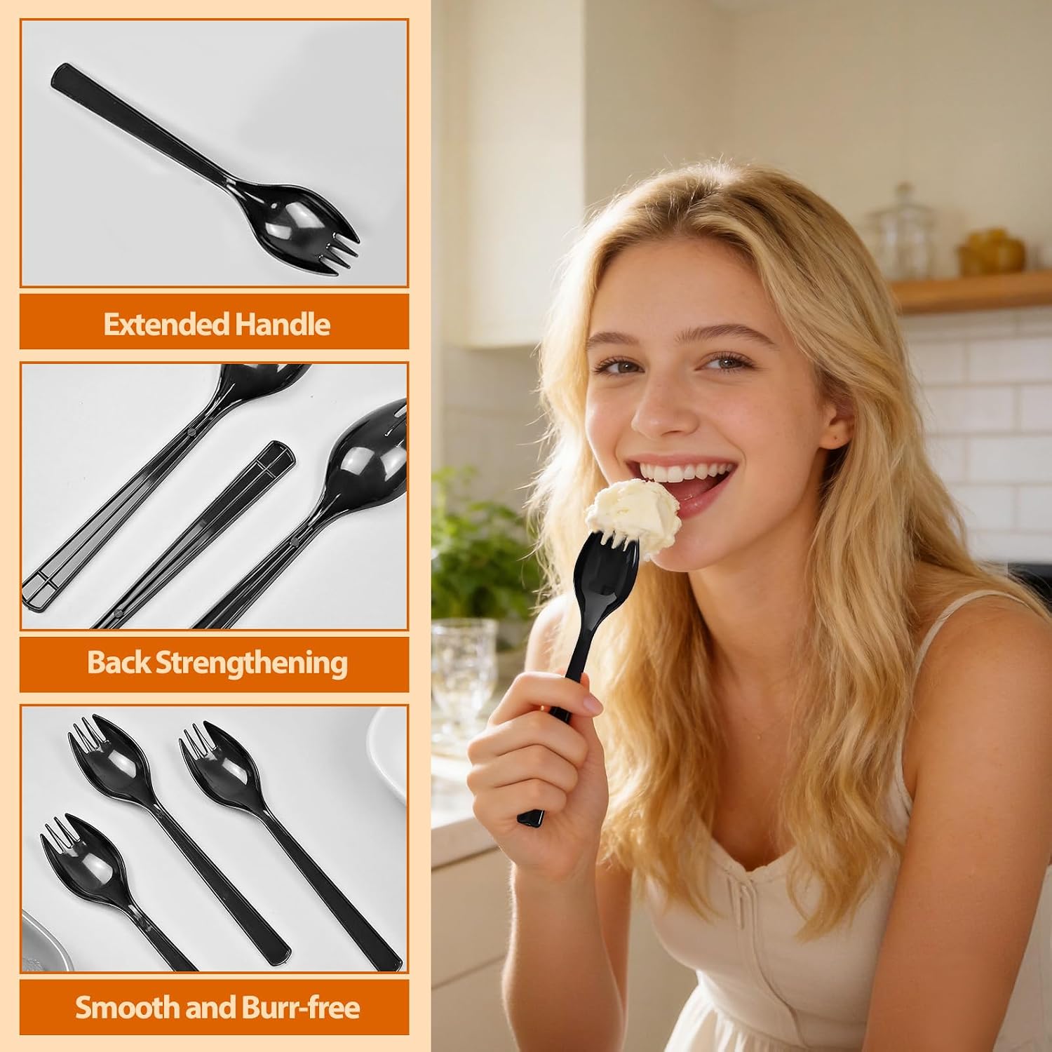 100-Pack Long Handle Disposable Plastic Spoons with Fork Tips, 6.3 Inch Heavyweight Black Spork, Food-Grade Utensils for Catering, Takeout, Restaurants, Parties & Daily Use image 4
