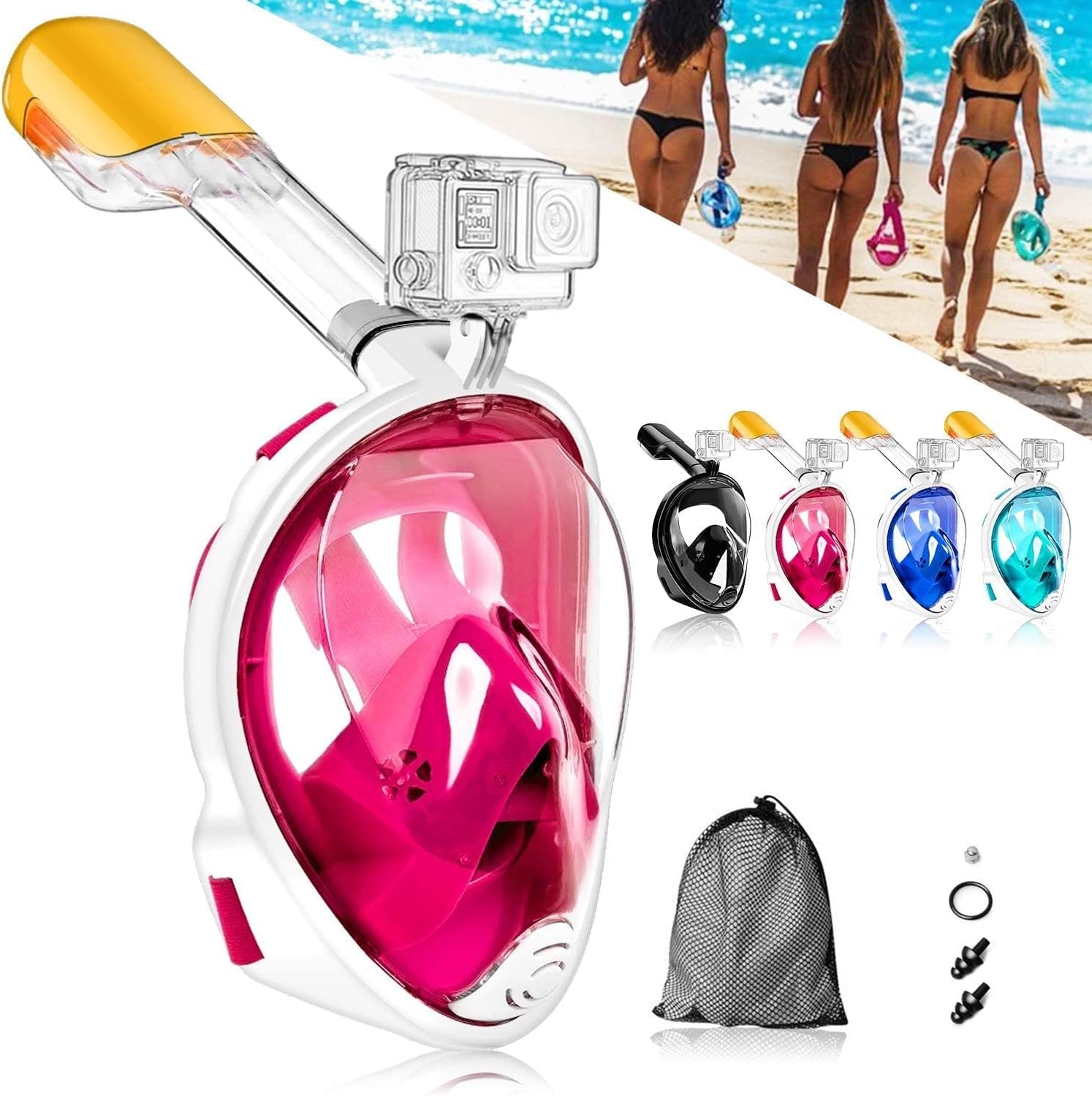 VBM Diving mask Snorkel mask Diving mask Full face mask with Easy Breathing, 180° sea View Anti-Fog Anti-Leak Design Swimming Diving Full face mask with Action Camera Mount for Adults(Pink L/XL)