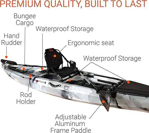 Vista 14 de BKC FK13 - Kayak de pesca de pescador individual de 13 pies con asiento vertical de aluminio, remo y timón controlado por el pie verde (camo green)