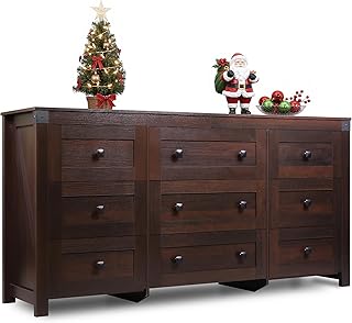 WLIVE Farmhouse Dresser for Bedroom, 63" Wide 9 Drawer Dresser Storage Organizer, Wood Chest of Drawers for Bedroom, TV Stand for 70 inch TV for Living Room, Hallway, Ball Bearing Slide (Brown)