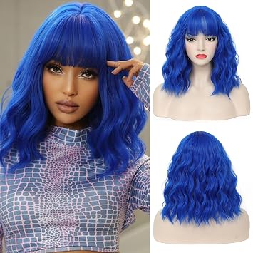 CLIONE Dark Blue Wigs for Women Cosplay Wig Short Wavy Bob Wigs Women Girl's Synthetic Wig Blue Wig with Bangs Shoulder Length Natural Wavy Colored Wigs For Daily Party Use Halloween Costume Wigs 14