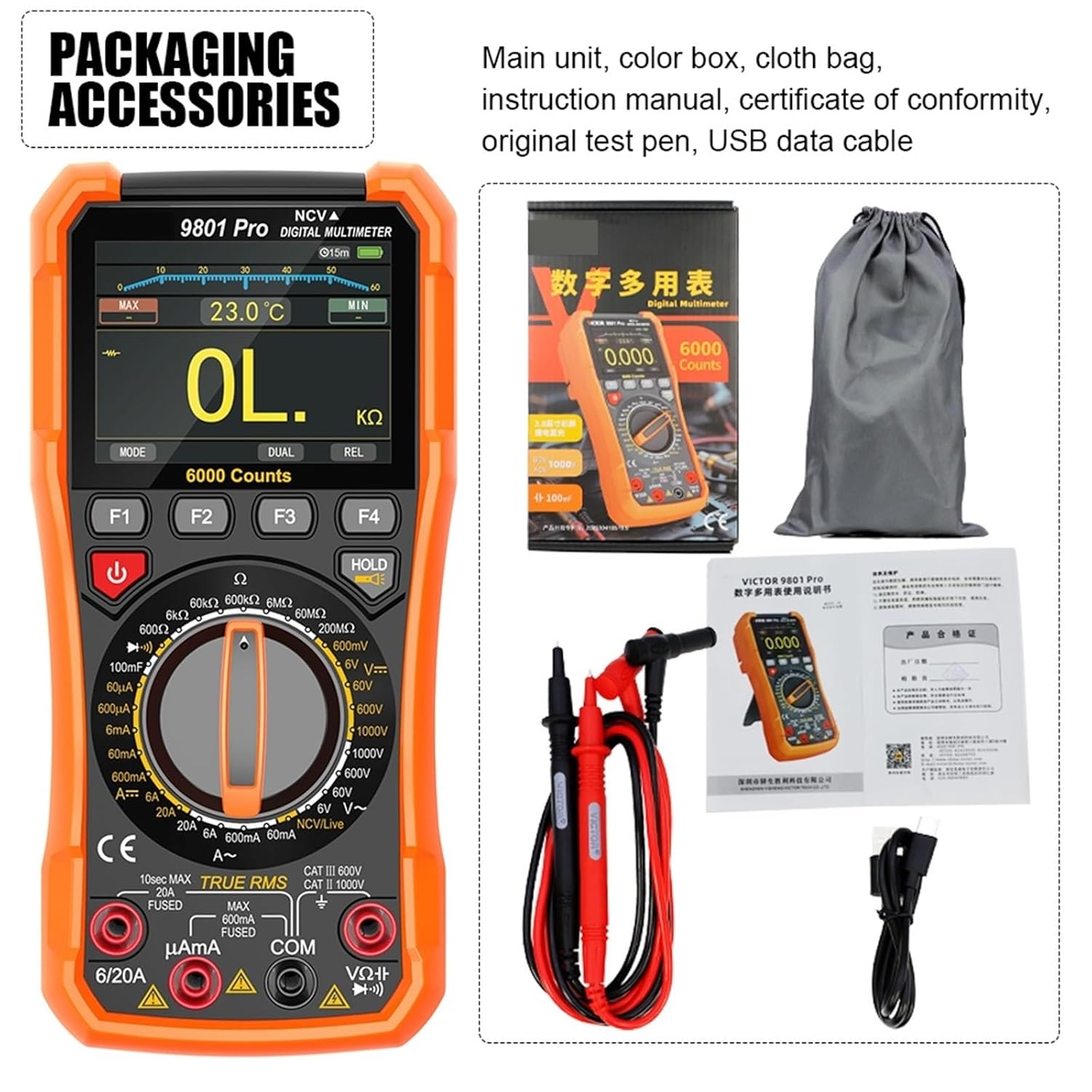 1Pcs Digital Multimeter Voltage Tester TFT Screen 6000Cts 1800mAh Lithium Battery Type-C AntoRange Multimetro Electric Tester(9801 Pro 1800mAh)