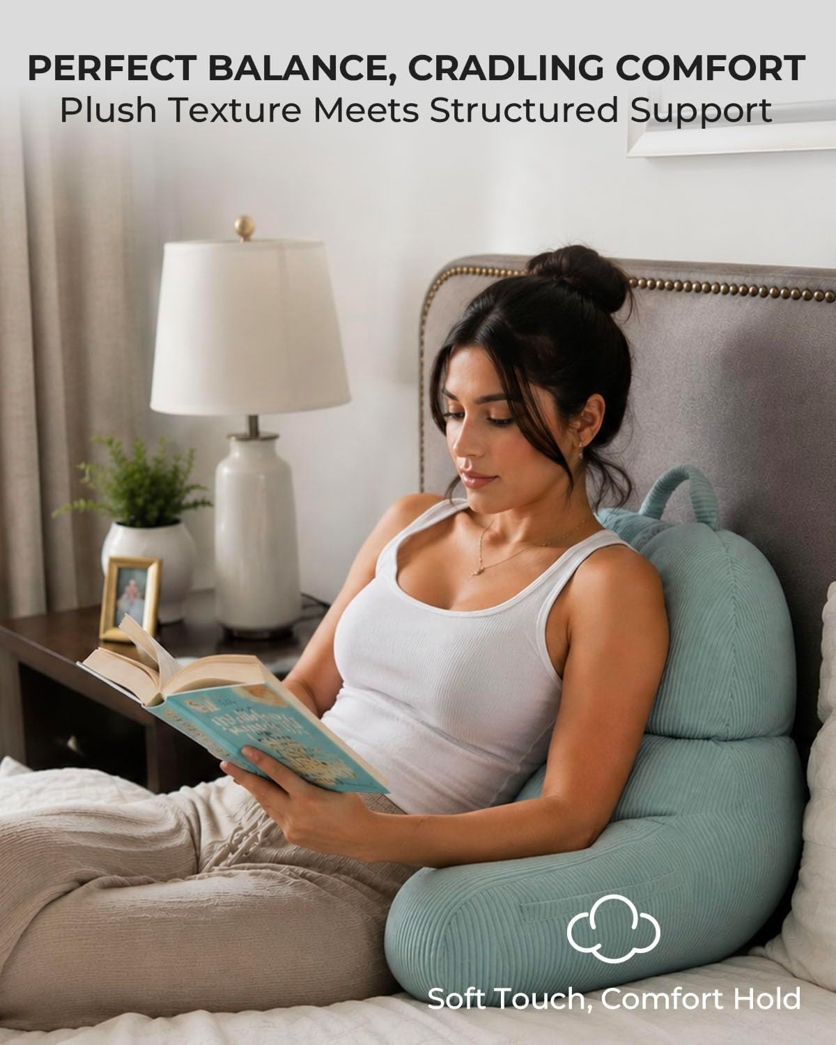 Reading Pillow for Bed with Arms, Corduroy Backrest, Adjustable Fill