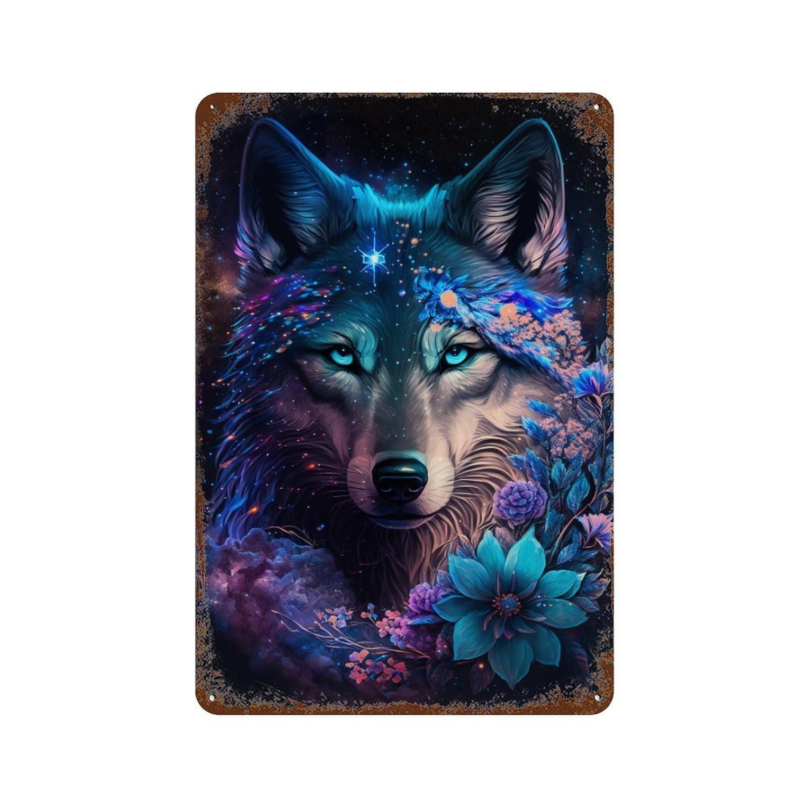 Rust Effect Galactic Wolf with Flowers -2 Aged Metal Wall Plaque 11.8"x7.9", Shabby Chic Decor for Living Room, Hallway And Home Decor