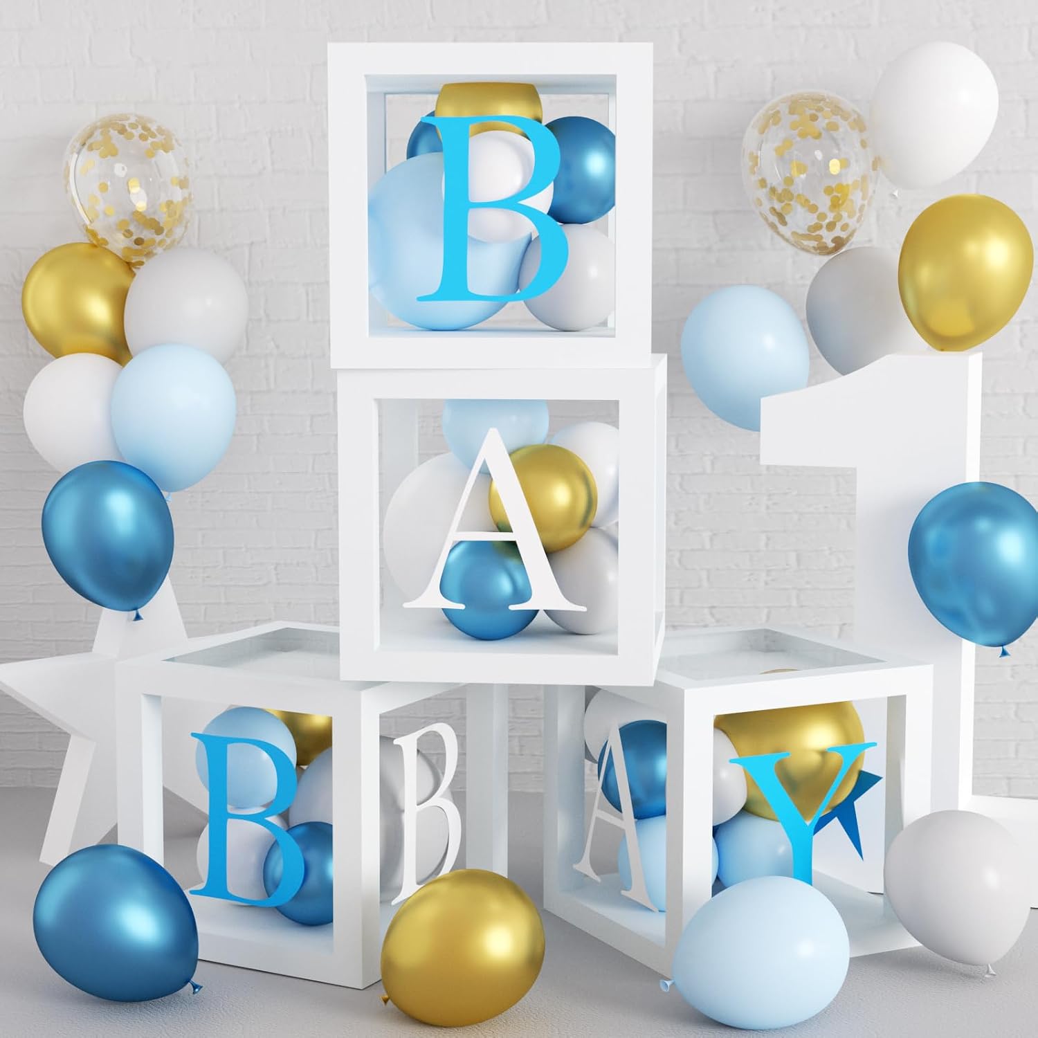 Condition photo showing New/Like New for jogams elephant baby shower decorations for boy 234pcs with baby boxes letter backdrop tablecloth cupcake cake topper gold star 4d foil confetti balloons for elephant theme baby shower birthday party blue
