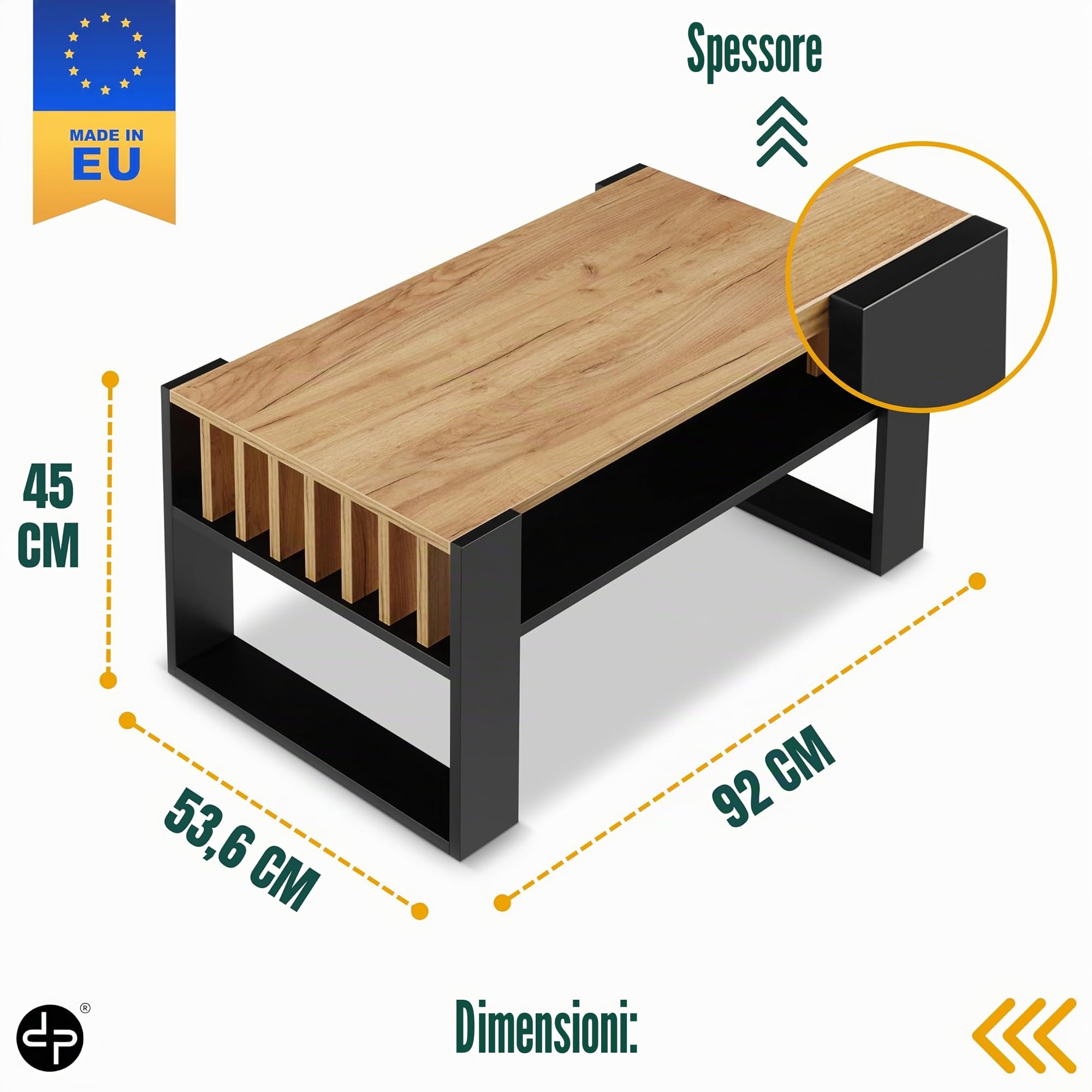 defiPad Tavolino moderno con vano portaoggetti | 92 cm di larghezza con agnello | grande tavolo da soggiorno in rovere | massiccio e stabile | Coffee Table (Nero + Rovere)
