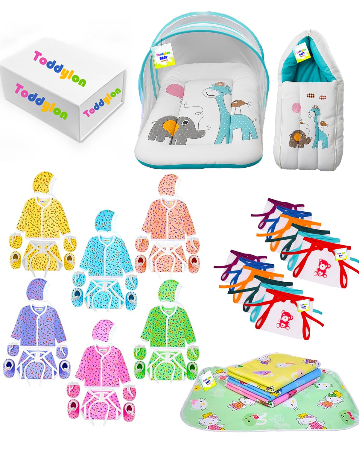 Toddylon 48 in 1 New Born Baby Essentials Kit Gift Packs | Flat Bed | Infant Clothes (Multicolour, 0-6 Months)-image-15