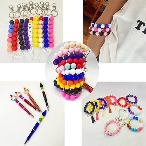 Miniatura 8 de 70 cuentas de silicona a granel, cuentas de silicona de 0.59 pulgadas a granel redondas de goma para hacer llaveros, cuentas focales de silicona,