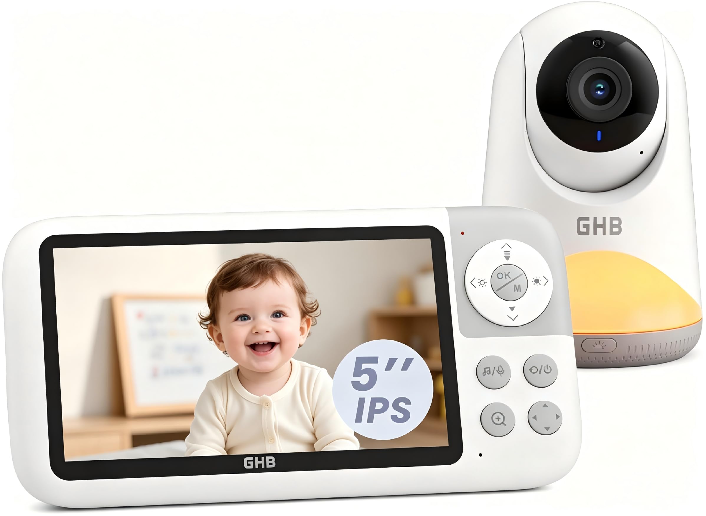 GHB Camara Vigilancia Bebe 5" 720P HD IPS Rotación de 350° Vigilabebes con Camara con Luz Nocturna Ajustable Soporta 4 Cámaras Comunicación Bidireccional Escucha Bebes