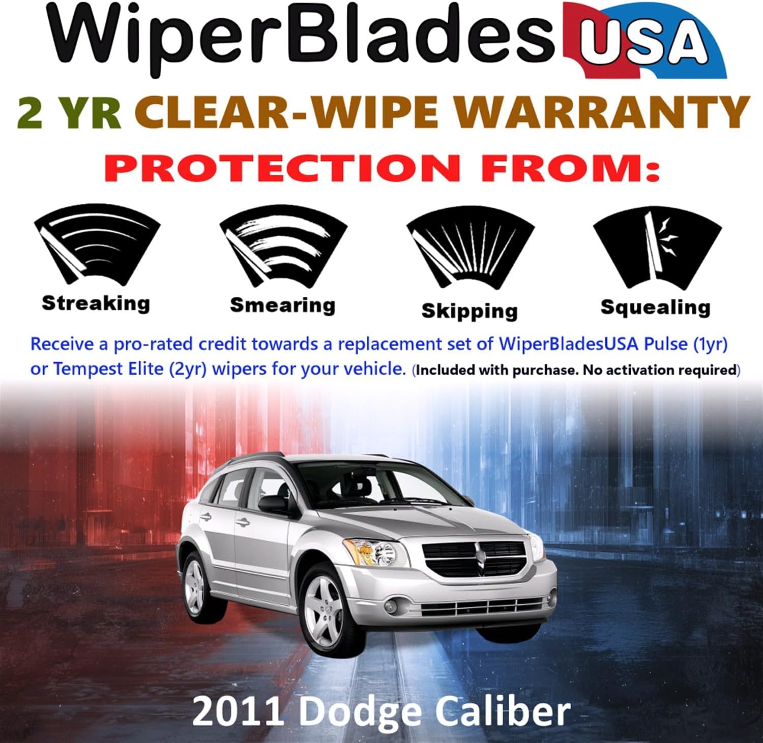Beam Wiper Blades Set w/2yr Warranty compatible with Dodge Caliber 2011 (Set of 3) w/Rear Wiper Tempest Elite Wipers