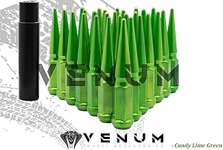 32 Pc Powder Coated Candy Lime Green Spike Lug Nuts | M14x1.5 | 4.5 inch Tall | 1 Piece Construction | Works With Ford Trucks 2003 -2016 F-250 F-350 8x170 MM 8x200 MM Powerstroke - coolthings.us