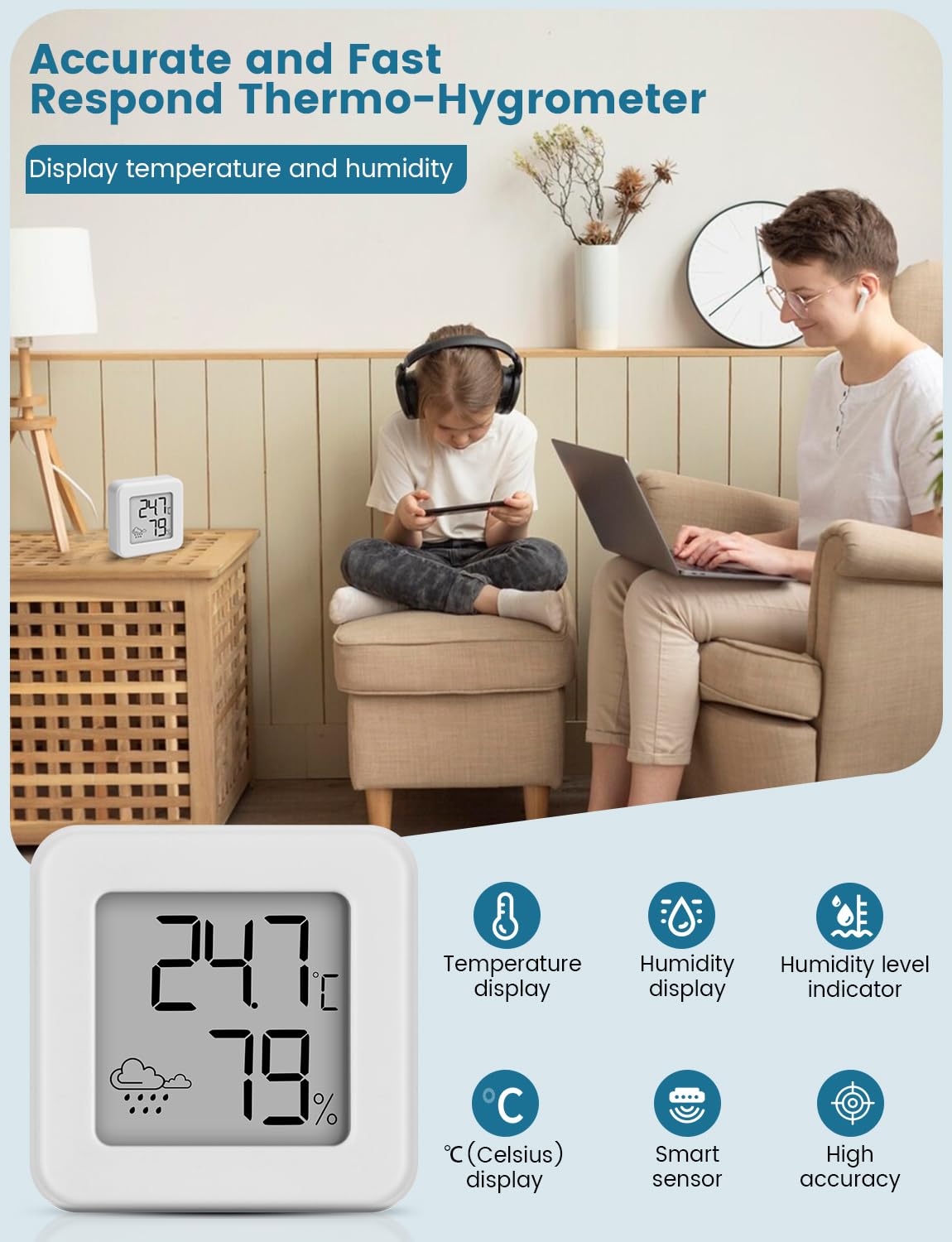 Mini Igrometro Termometro per interni, monitor della temperatura ambiente e misuratore di umidità Misuratore di temperatura e umidità, termometro d'atmosfera (bianco-1 pezzo)