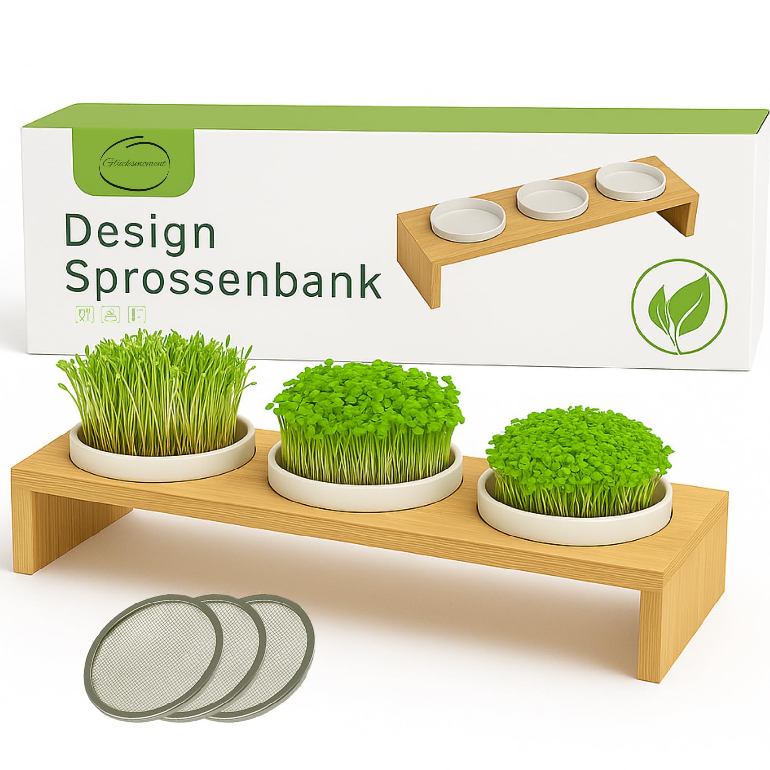 Glücksmoment Kressebank 42cm mit 3 Keramik Kresse Anzuchtschalen für Kressesamen, Sprossen & Microgreens, Sprossen Anzuchtset, Anzuchtregal, 3 Anzuchttöpfe, 3 x Keimschale mit Kressesieb, Keimschalen