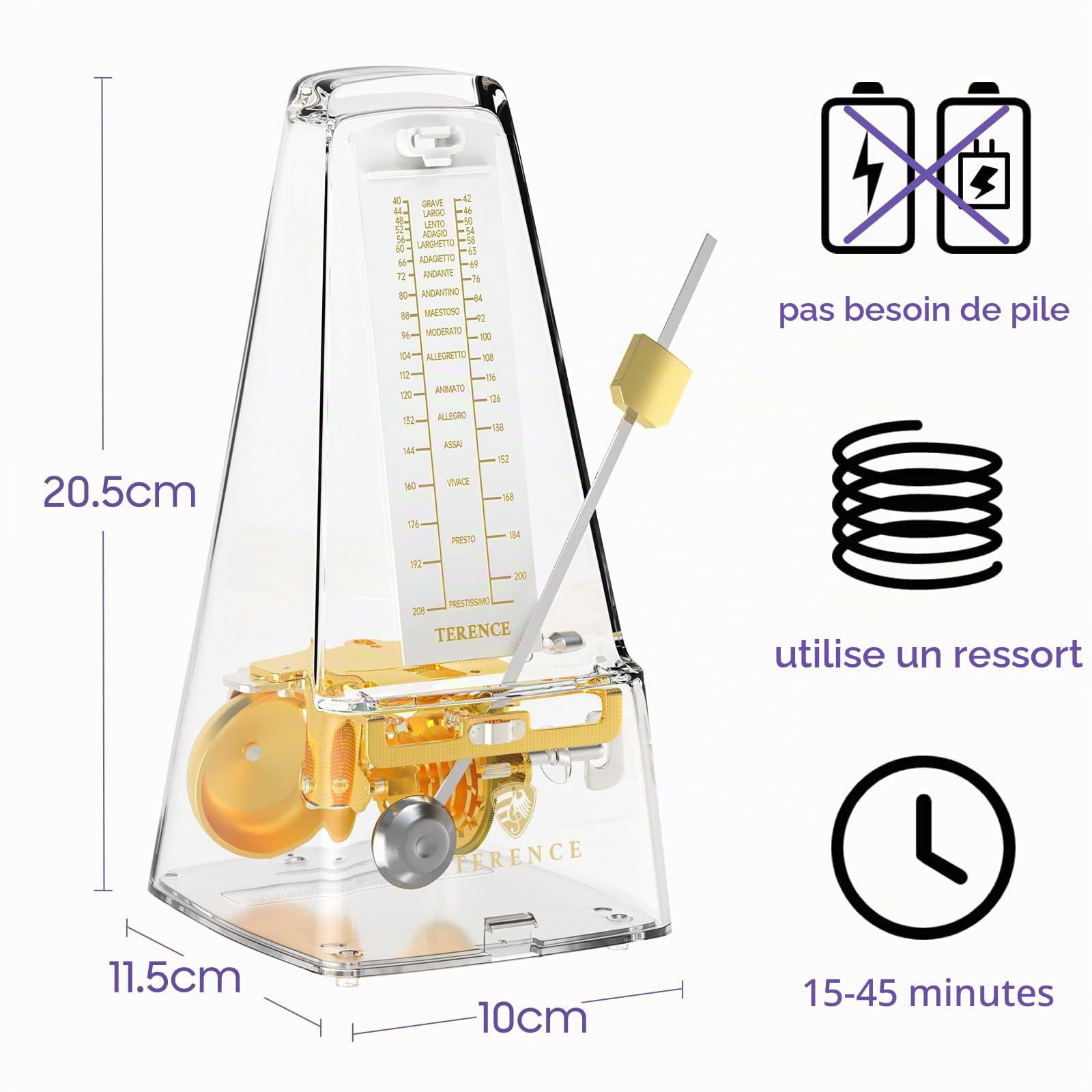 TERENCE Métronome Mécanique avec Minuterie et Tempo Précis Métronome en Métal Pour Guitare Piano Guitare Basse Tambour Violon Transparent