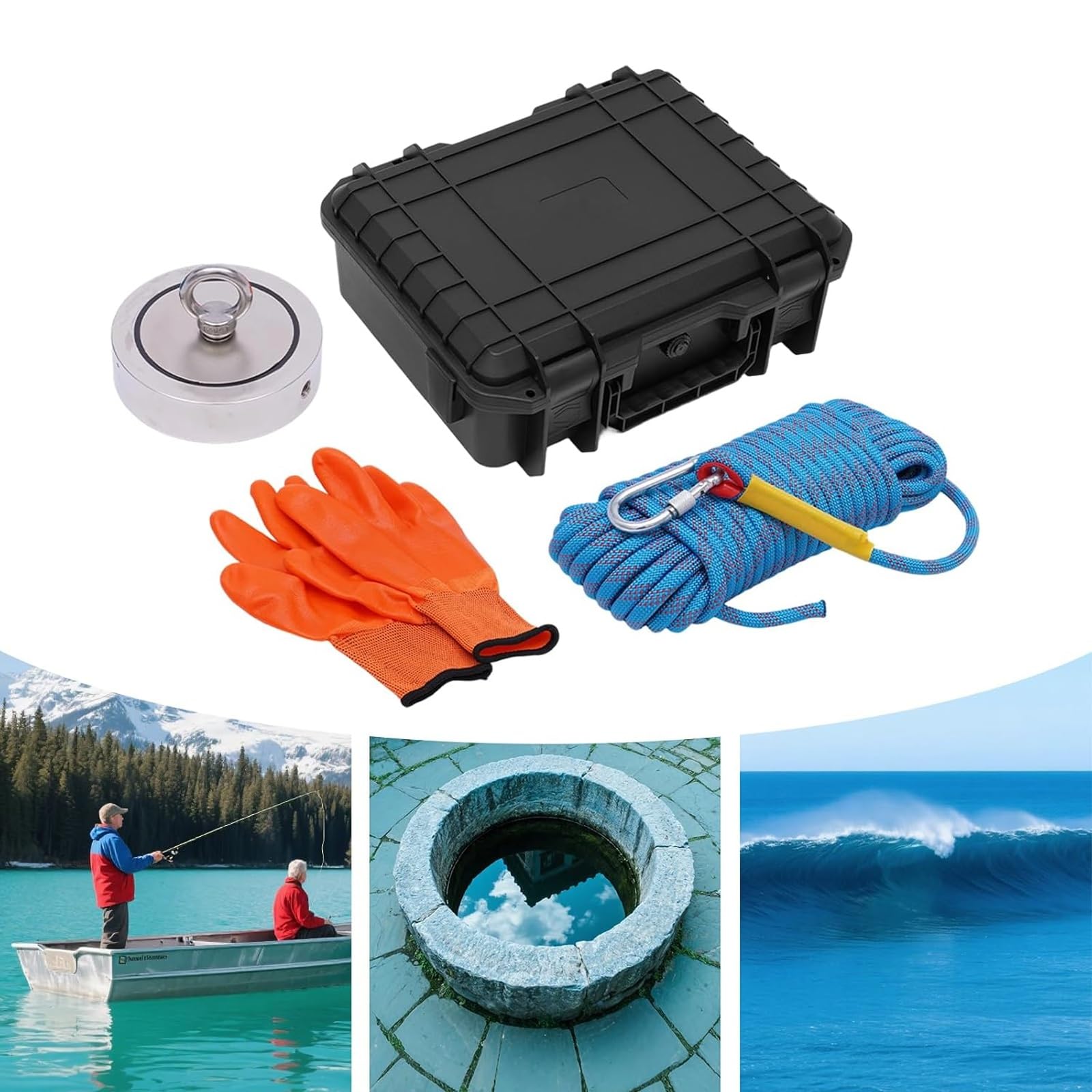 Kit da Pesca Magnetica, magneti bifacciali con Forza di trazione di 3000 libbre, Corda da 66 Piedi, Include Custodia e Guanti per recuperare Oggetti dall'acqua
