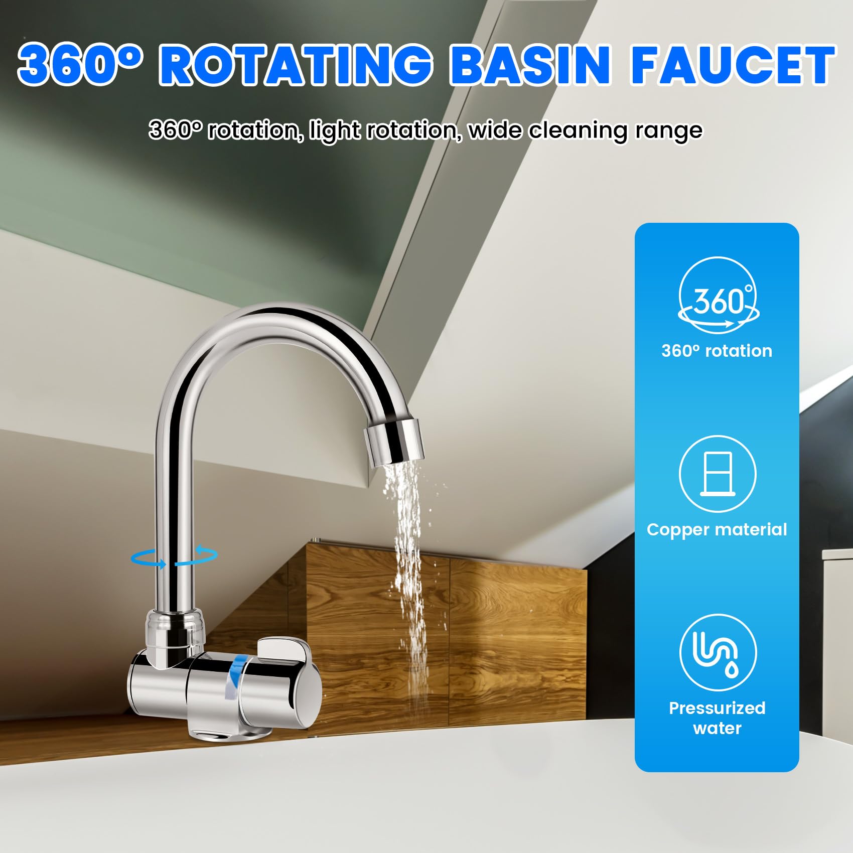 Jevina Rubinetto pieghevole da cucina girevole a 360 gradi, miscelatore monocomando per acqua fredda e calda, rubinetto in rame per e piccoli spazi