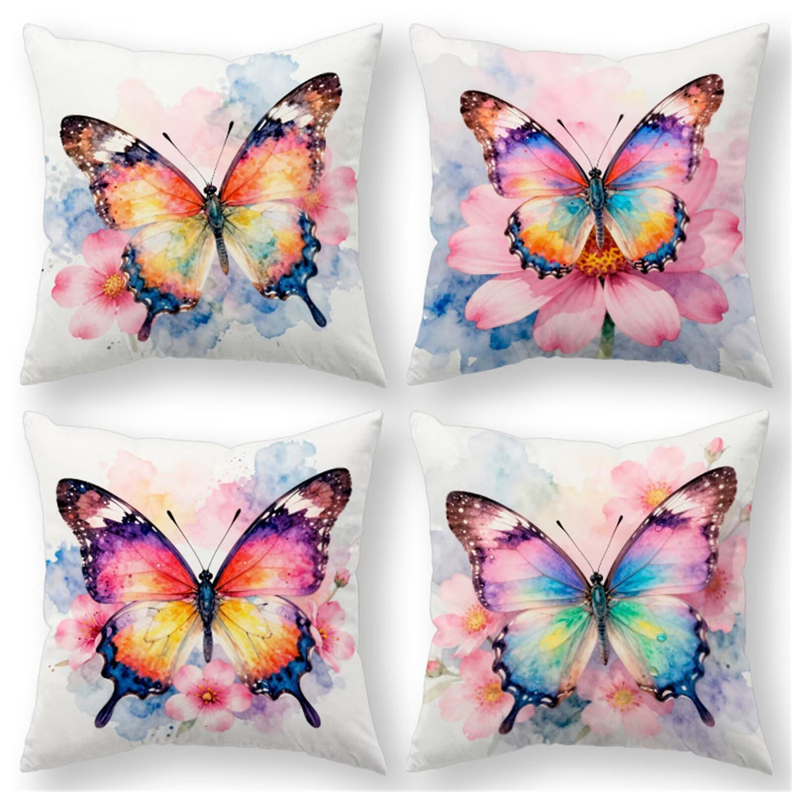 QiHon Cushion Covers 45x45 cm Set of 4 Watercolour Butterfly Linen Square Pillow Cases 18x18 inch Modern Decorative Throw Pillow Covers for Sofa Couch Bedroom Home Office with Invisible Zipper