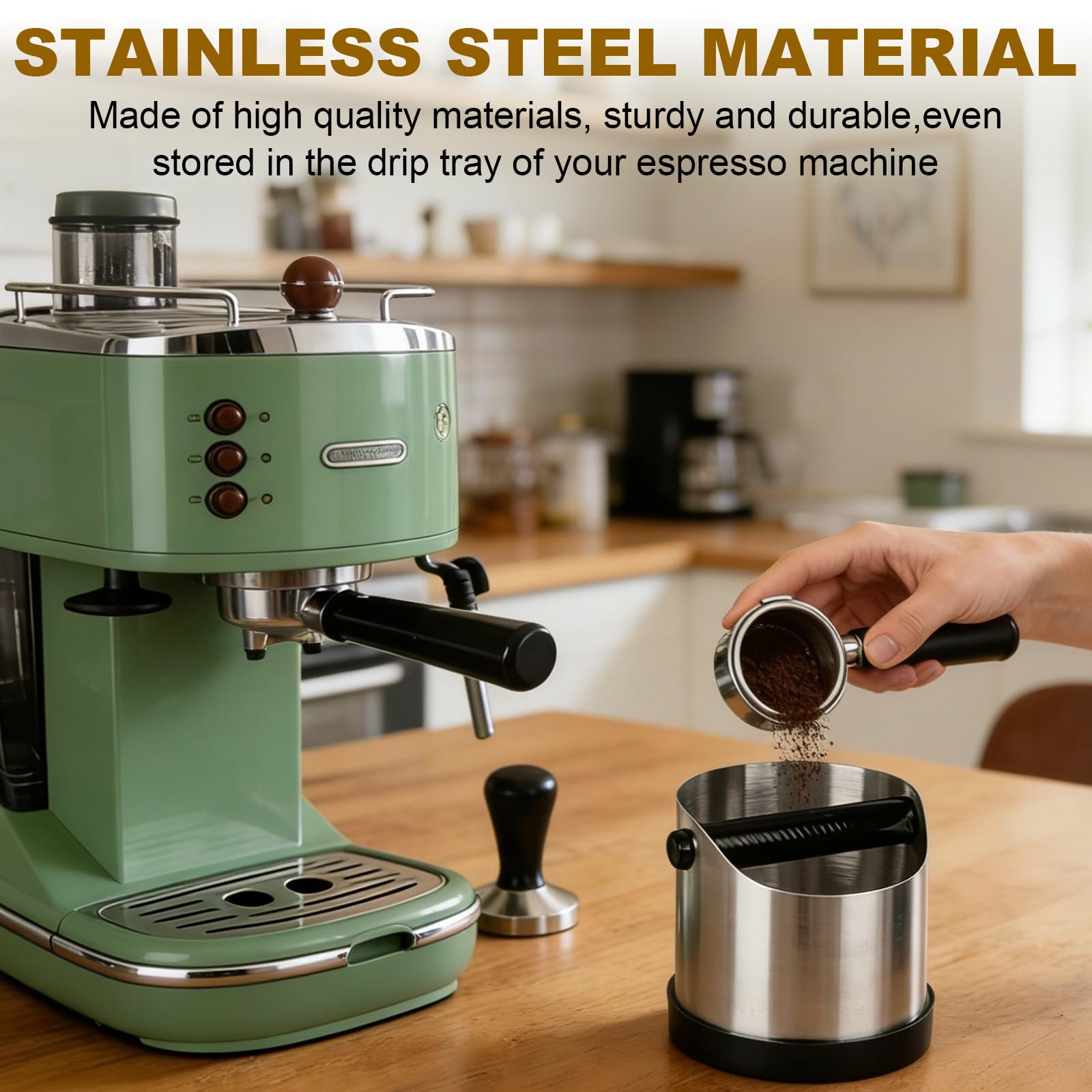 Knock box per macinadosatore per caffè,Realizzato in acciaio inox da 700 ml,con barra in gomma rimovibile e spazzola per la pulizia, scatola silenziosa,adatto per molte macchine per caffè espresso