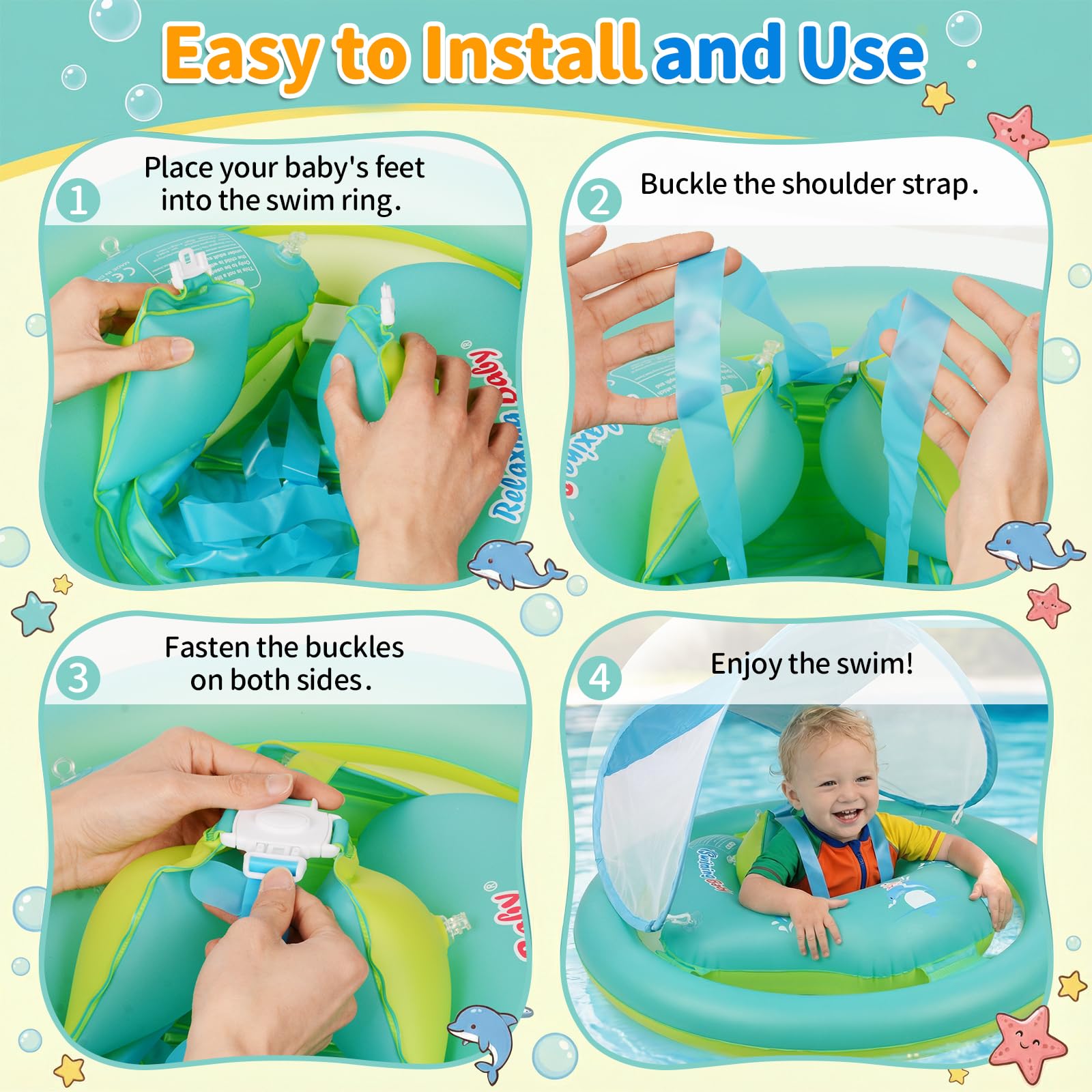 Flotador Bebe con Sombrilla Ninonly Flotador Niño Inflable de Doble Anillo Seguro con Protección UV 50+, Asiento Ergonómico para Piscina Bebe y Playa Ideal Piscina Niño de 6 a 36 Meses
