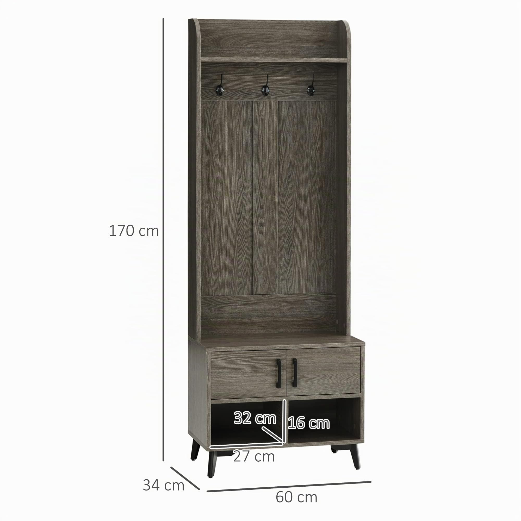 HOMCOM Perchero con Zapatero Recibidor con 3 Ganchos 60x34x170 cm Gris | Perchero Entrada, 2 Puertas, 2 Compartimientos, Estante de Almacenamiento, para Pasillo