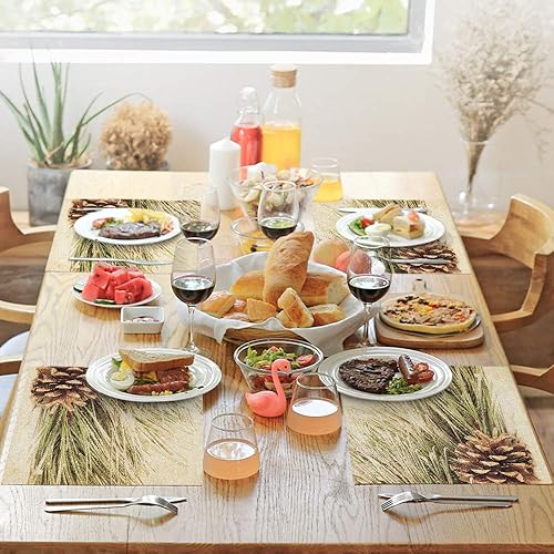 Miniatura 3 de Manteles individuales retro con diseño de piñas de pino y ramas verdes, realistas para mesa de comedor, lavables, algodón y lino de 12 x 18