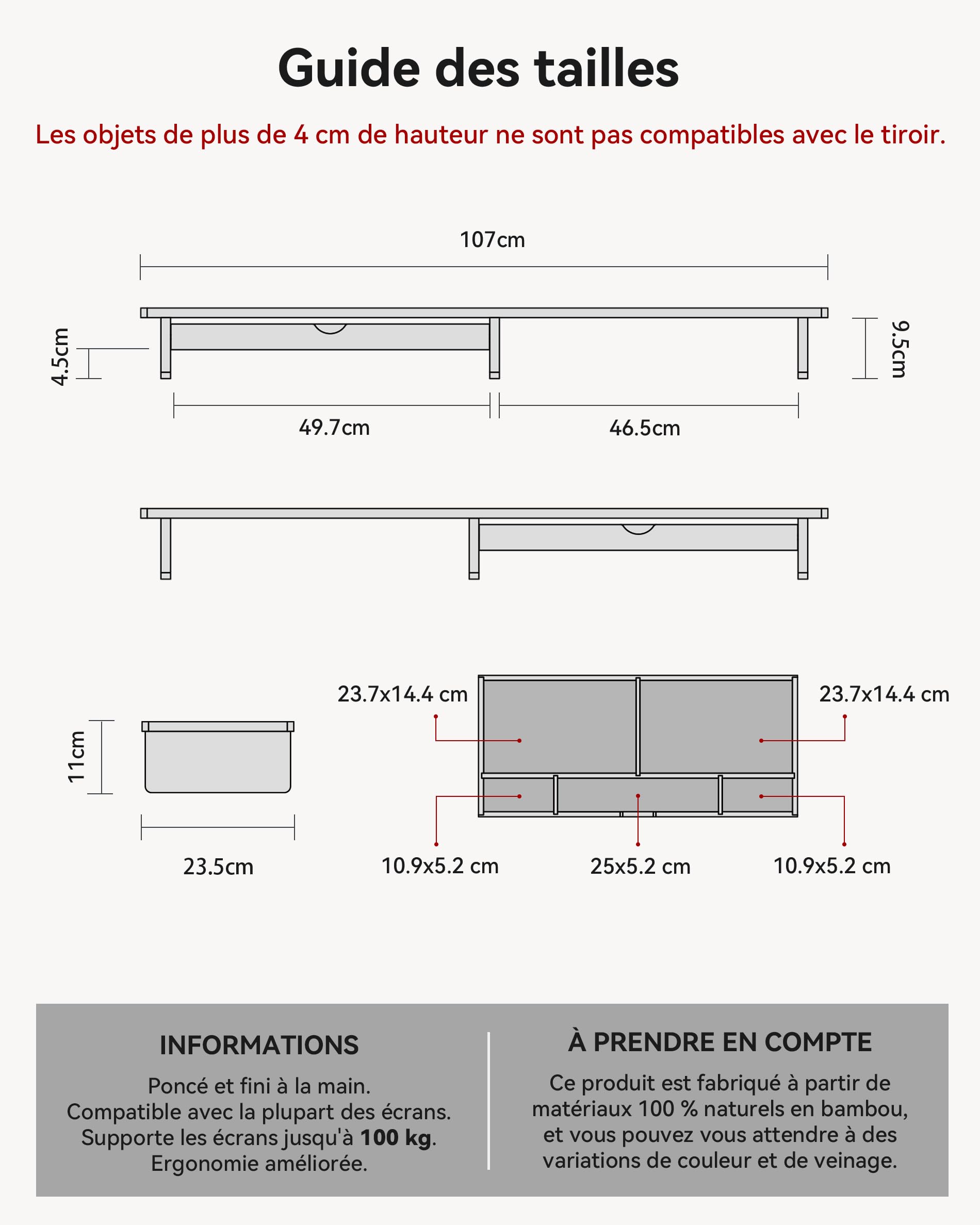 WELL WENG Support pour écran en bambou avec grand tiroir de rangement, rehausseur d'ordinateur de 107 cm pour bureau, tablette d'écran à 7 compartiments pour ranger le clavier, Bambou | 107 x 23,5 x 11 cm avec espace de rangement pour le clavier, support