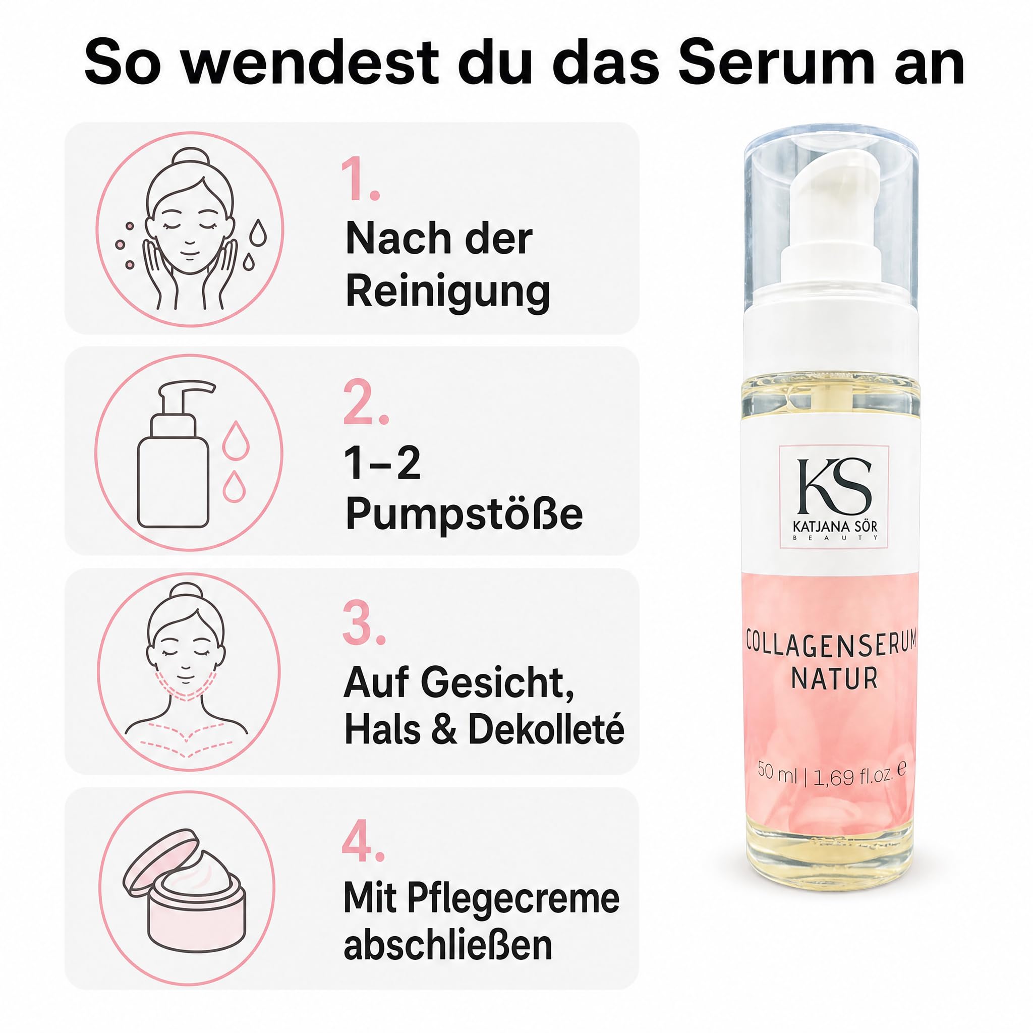 KS Beauty Collagenserum Natur – Hyaluron, Aloe Vera & Rosenöl 50 ml | Feuchtigkeitsserum mit tierischem Kollagen, Aloe Vera & Rosenöl – für trockene, reife und sensible Haut