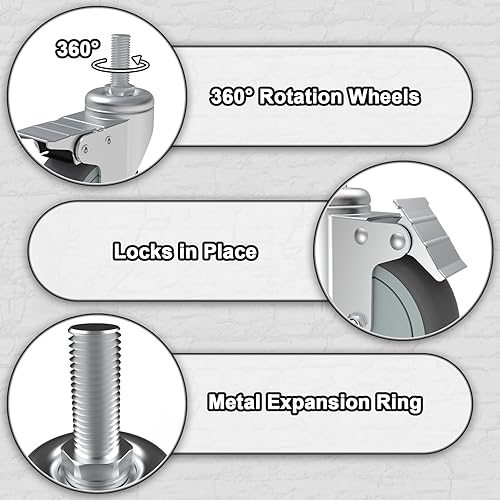 Miniatura 3 de AAGUT Juego de 4 ruedas giratorias de bloqueo de 5 pulgadas, ruedas de vástago roscado de 12"-13 x 1.5" con freno de goma TPR gris