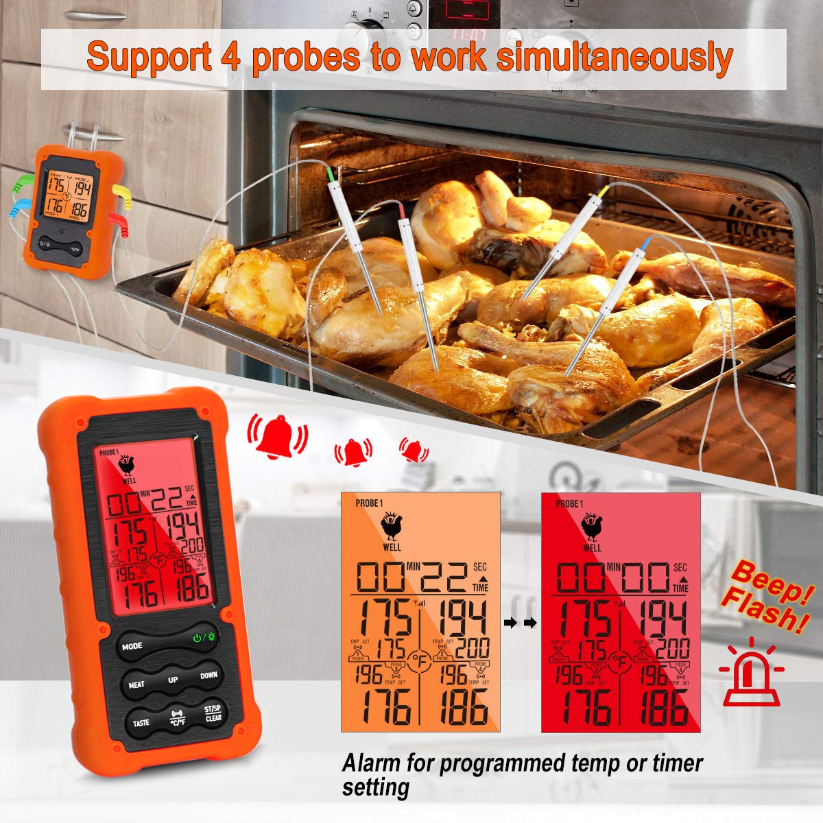 Termómetro de carne inalámbrico digital para ahumar barbacoa con 4 sondas – Termómetro de cocina para hornear con aceite de freír profundo para hornear líquidos, carne de pavo y caramelo termómetro