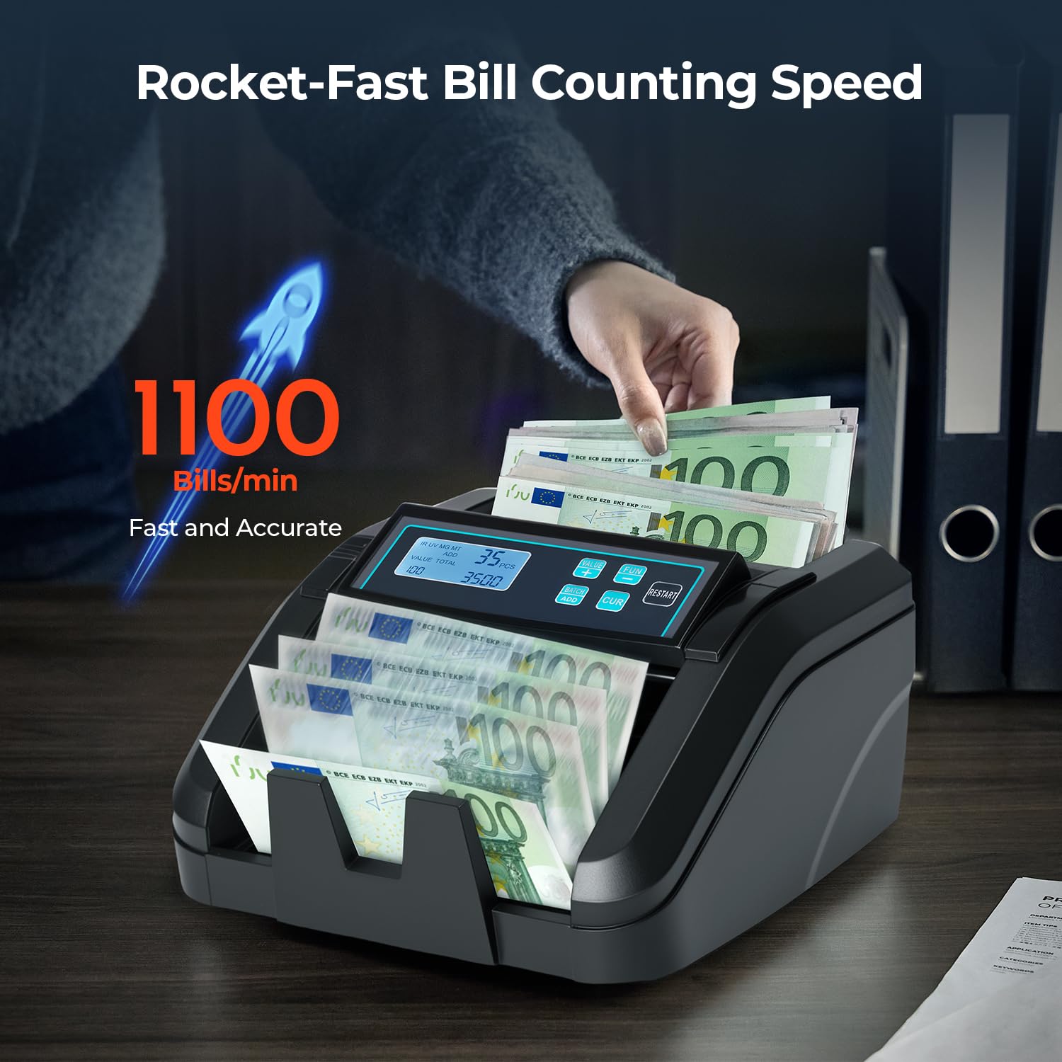 MUNBYN IMC51 Contadora de Billetes, Detección UV/MG/IR/MT, Solo EUR, 1100 Billetes/min, Contadora de Dinero con Pantalla LCD, 2 años de garantía, No cuenta montos mixtos