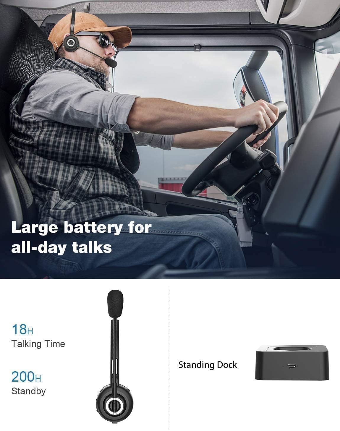 Trucker Bluetooth-Headset V5.0 Mit Mikrofon Und Geräuschunterdrückung - 18 Stunden Gesprächszeit, Kabelloses Headset Mit Ladeständer Für Handy/Laptop/Tablet