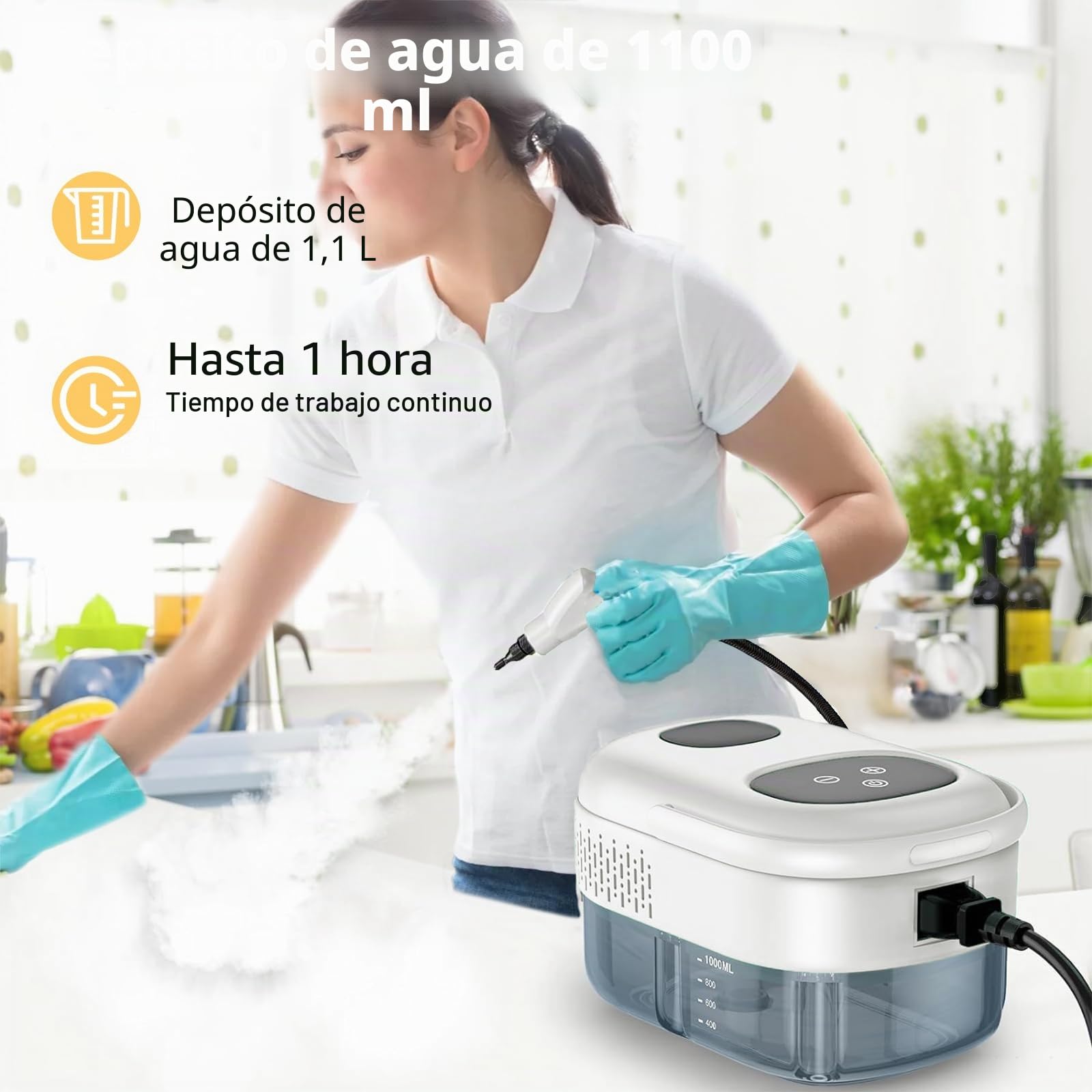 Limpiador de vapor de 2500 W, limpiador de vapor a mano, 1100 ml, tanque de agua de gran capacidad, con 3 cabezales de cepillo ajustables en 6 niveles para muebles de cocina, cuarto de baño