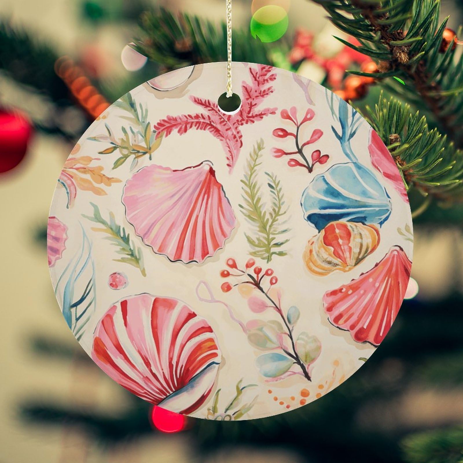 Hand Drawn Seashells Christmas Ornament for Christmas Tree Ceramic Round Ornament Winter Holiday Keepsake Gift 2.7" Christmas Tree Hanging Decorations Circle Ceramic Pendant Xmas Gift