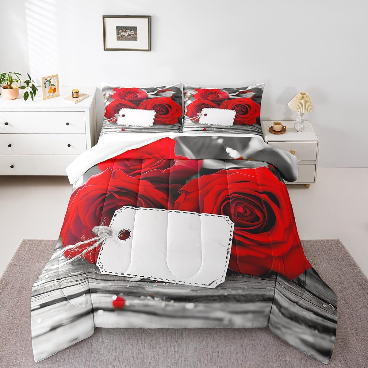 3D Red Rose Comforter Set for Girls Women, White Red Grey Bedding Set King Size, Romantic Farmhouse Floral Bedding Comforter Sets, Botanical Flower Petals Down Comforter Valentine's Day Quilt 3Pcs