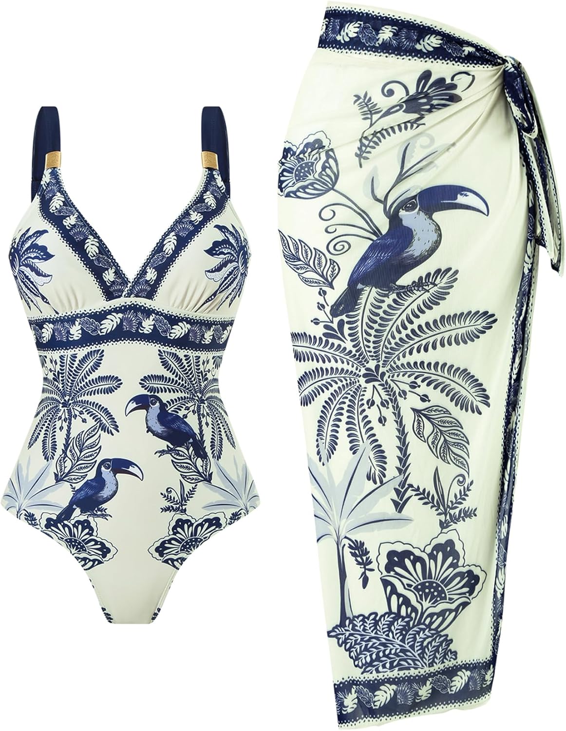 Leoparts Women's One Piece Swimsuit with Sarong Cover Up V Neck Floral Print Bathing Suit with Mesh Wrap Skirt