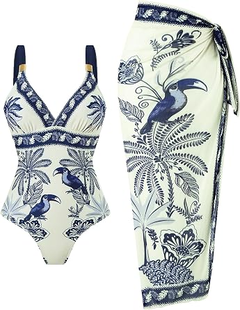 Leoparts Womens One Piece Swimsuit with Sarong Cover Up V Neck Floral Print Bathing Suit with Mesh Wrap Skirt