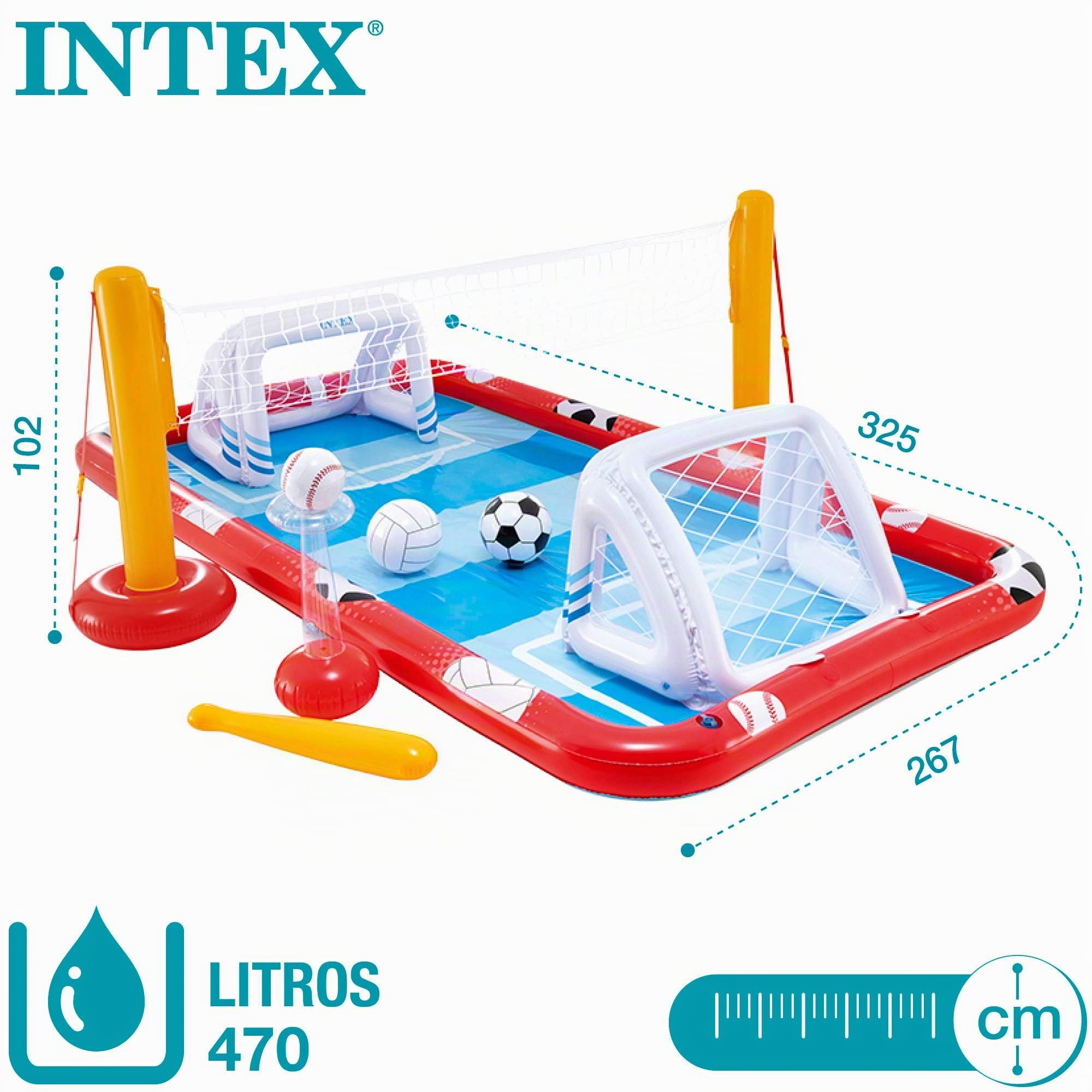 Intex 57147NP - Centro de juegos acuático hinchable INTEX, para niños, medidas 325x267x102 cm, 470 litros, voleibol, fútbol, baloncestos y béisbol, a partir de 3 años