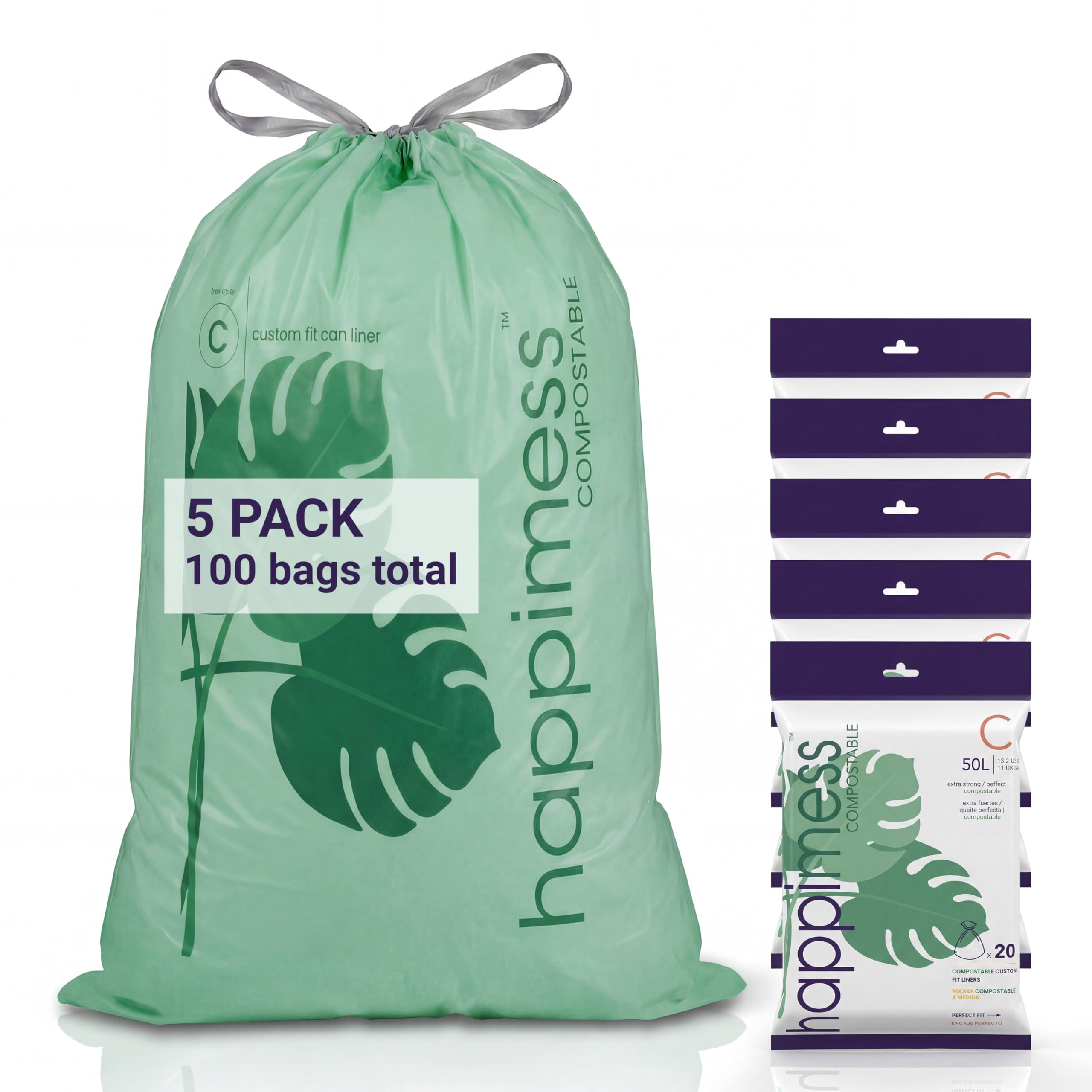 happimess Green / 100 Count (Pack of 1) / 13.2 gallons Trash Bags