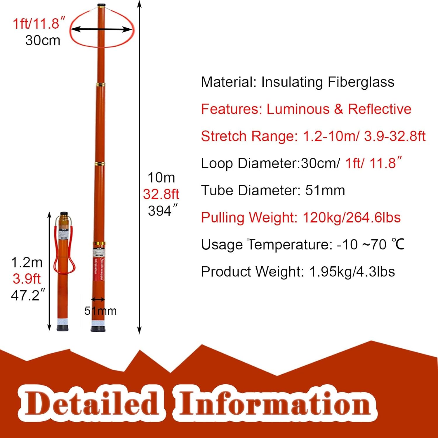 Sturdy Telescopic Pool Rescue Pole, 4.5m 5.5m 6.5m 10m Extended Drowning Victim Rescue Pole Hook, Durable Orange Pool/Boat Life Saving Hook (Size : 10m/32.8ft/394inch)